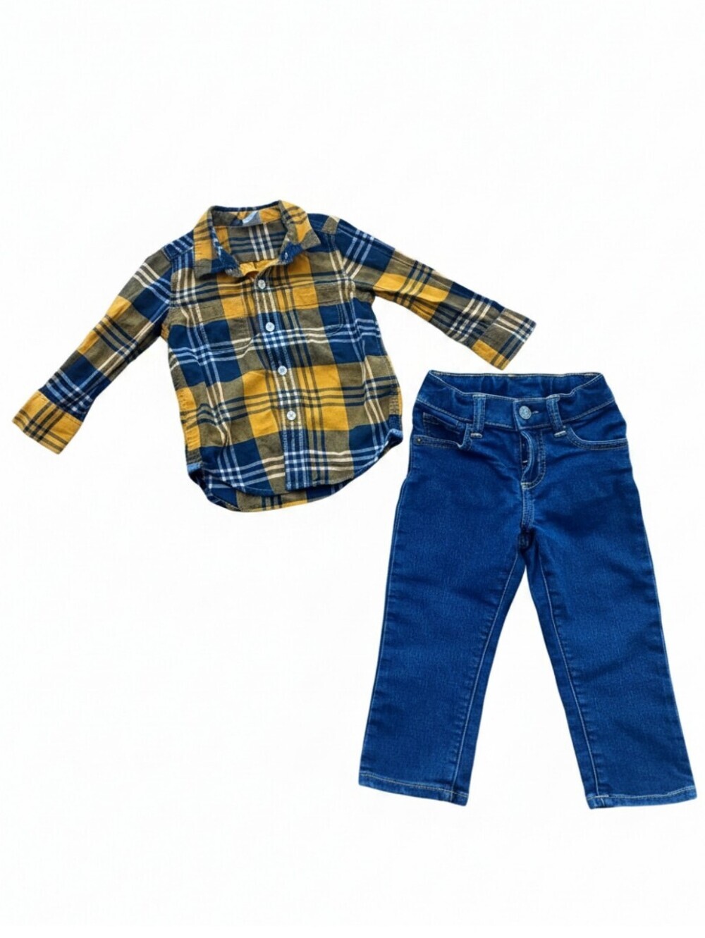 🔥5/$25🔥Gap Toddler Boy Plaid Flannel Shirt and Denim Jeans Set 18-24M